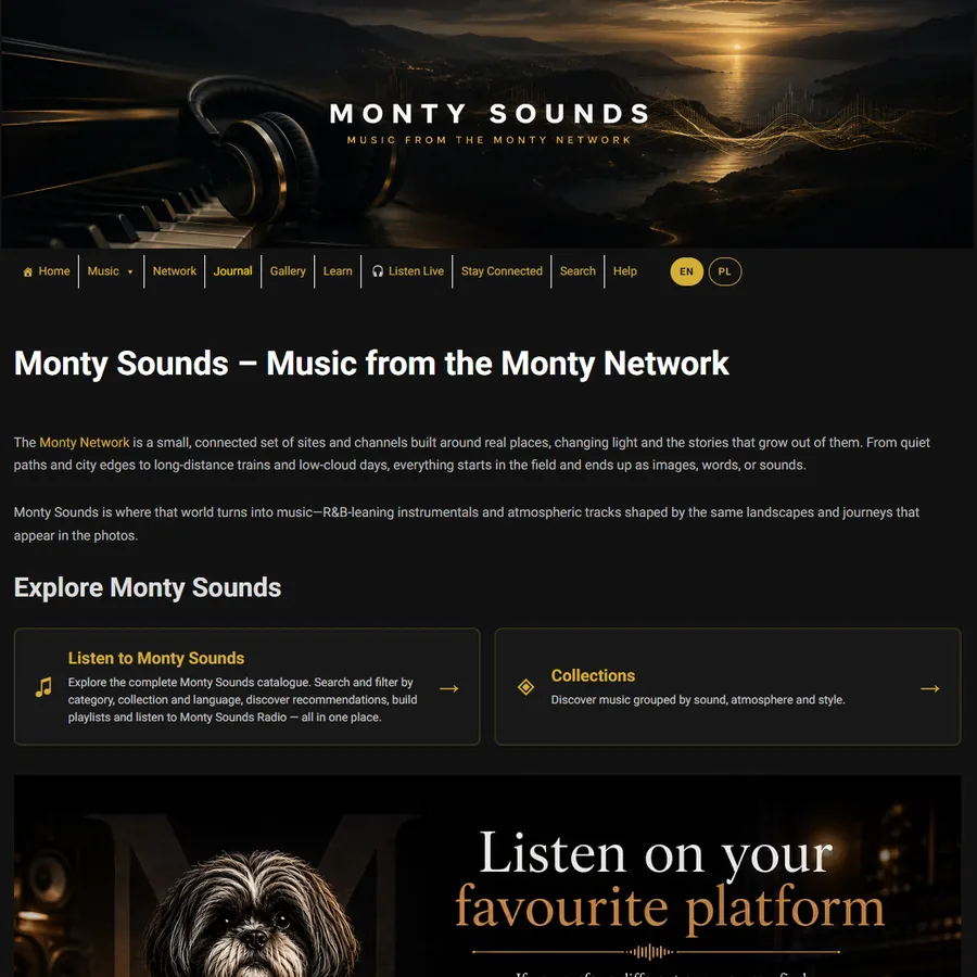 montysounds.com homepage: the Monty Sounds banner, gold navigation with EN and PL buttons, and dark cards