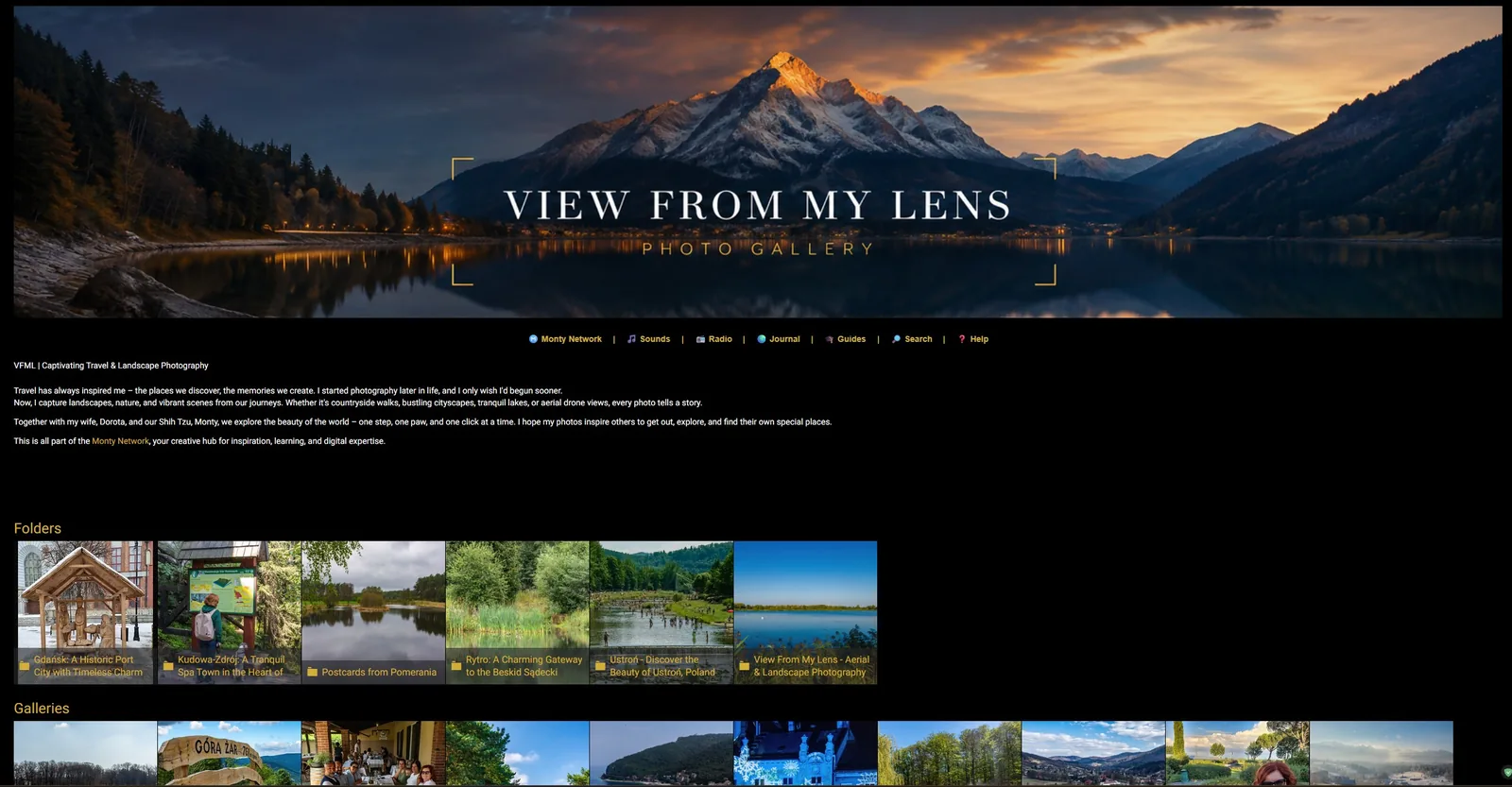 View From My Lens homepage: a mountain lake at sunset under the site title, with gallery folders below