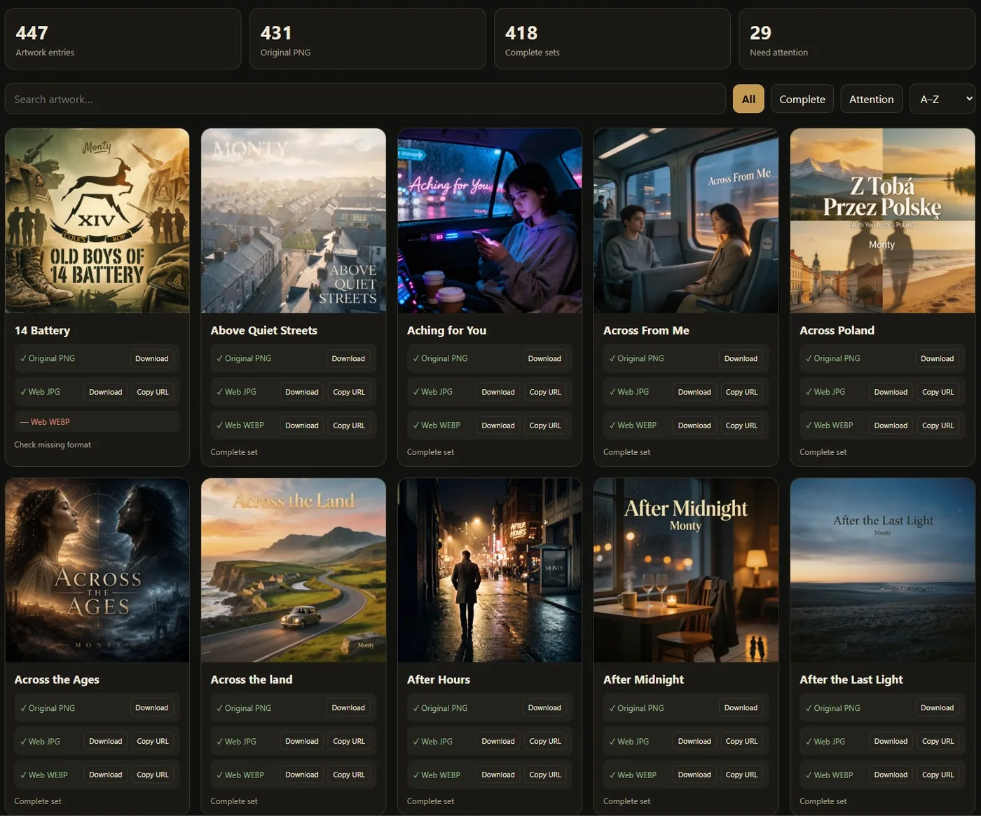 Artwork Manager: track covers in a grid, each showing its PNG, JPG and WebP versions, with totals for complete sets and covers needing attention