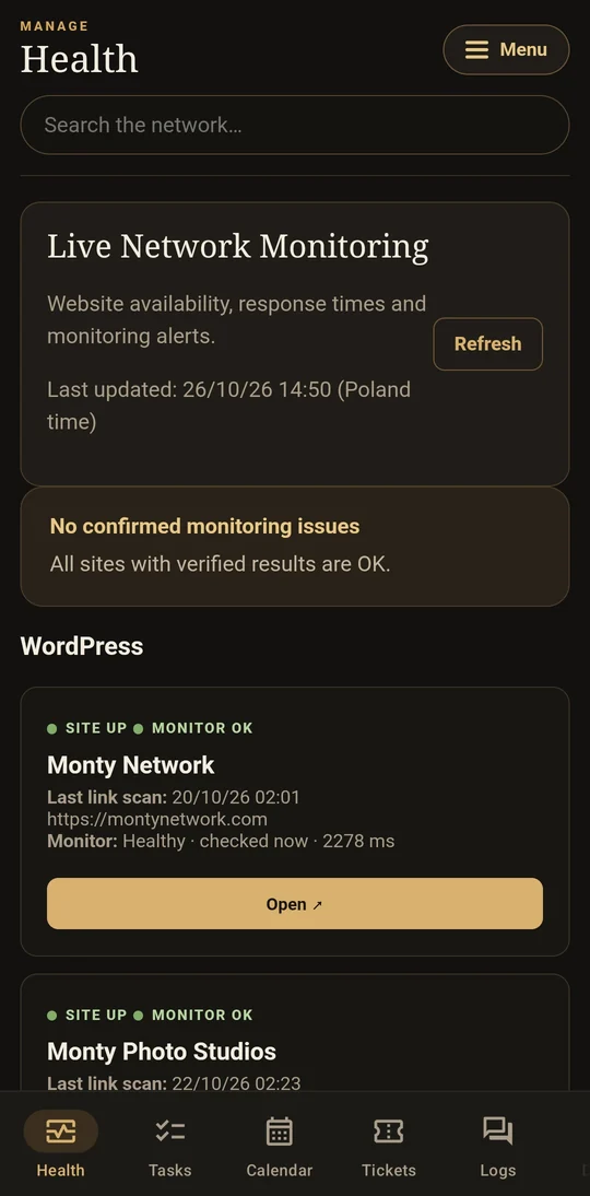 Monty Control on a phone: the Health screen showing live network monitoring with no confirmed issues