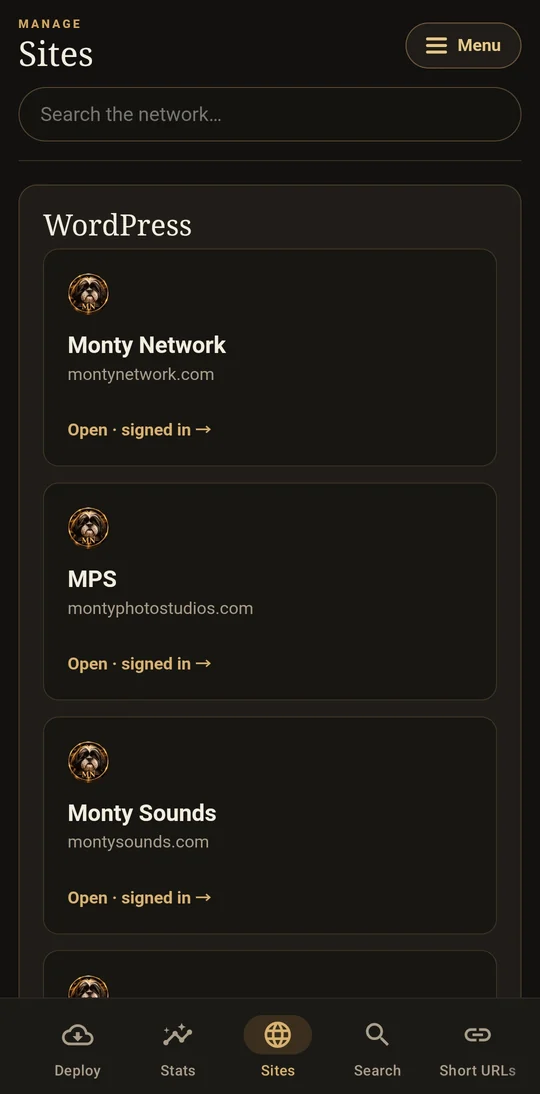 Monty Control Sites screen listing the WordPress sites, each opening already signed in
