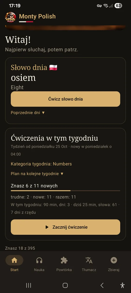 Monty Polish home screen in Polish: Witaj!, word of the day osiem (eight), this week's practice with Numbers as the category of the week, 6 of 11 new words known, and 7 days in a row