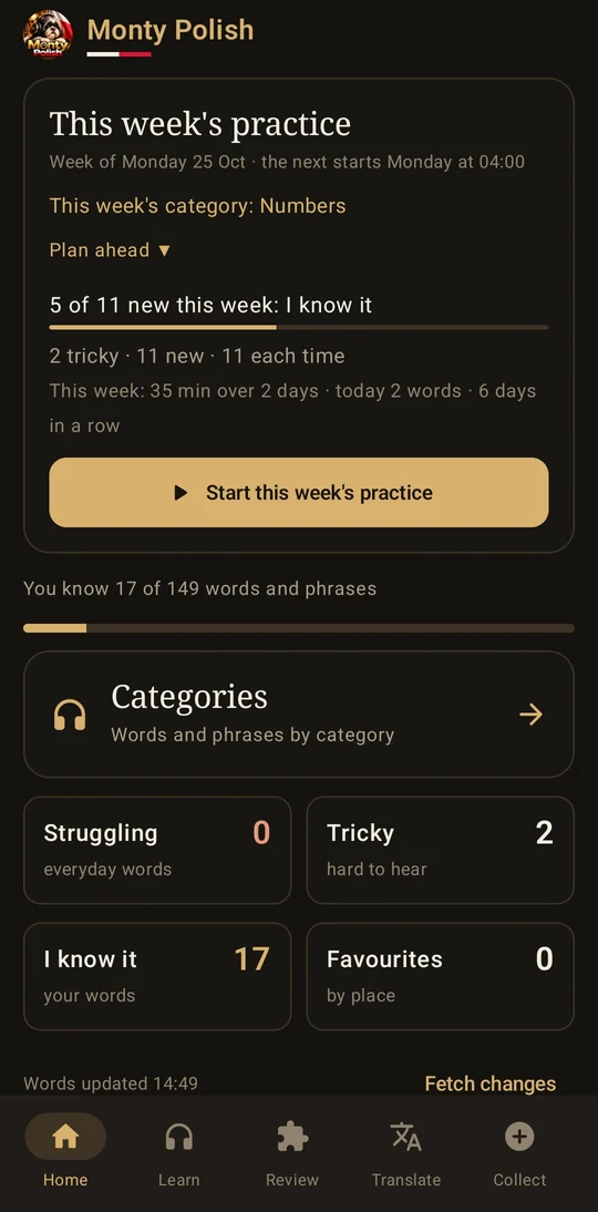 Monty Polish home screen: this week's practice, progress and word categories