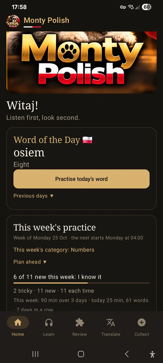 Monty Polish home screen in English: Witaj!, Listen first, look second, Word of the Day osiem (eight) with Practise today's word, and This week's practice with Numbers as the category