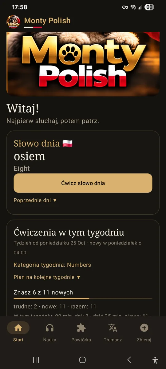 The same home screen in Polish: Witaj!, Najpierw słuchaj, potem patrz, Słowo dnia osiem with Ćwicz słowo dnia, and Ćwiczenia w tym tygodniu