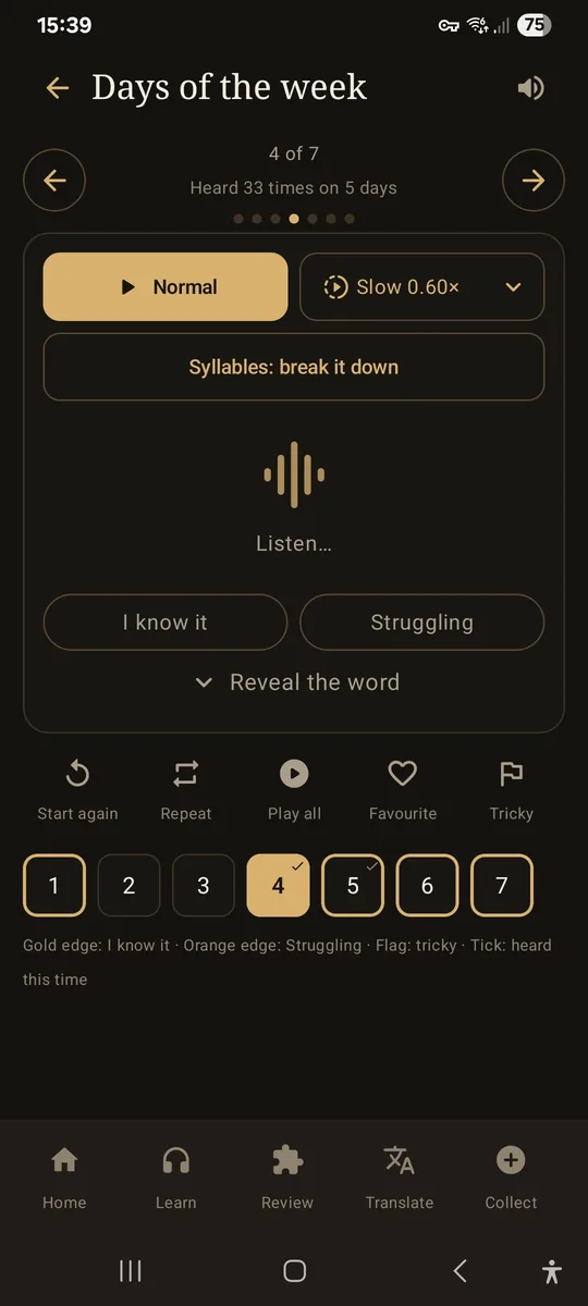 Listening card for word 4 of 7 in Days of the week: Normal and Slow buttons, Syllables, a sound wave with Listen…, I know it and Struggling, and the word still hidden
