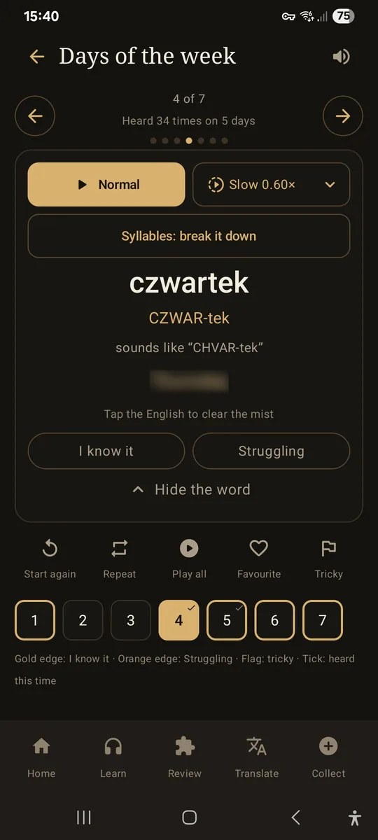 Monty Polish: the word czwartek, its stress guide CZWAR-tek and sounds-like CHVAR-tek, with the English meaning still blurred behind a mist
