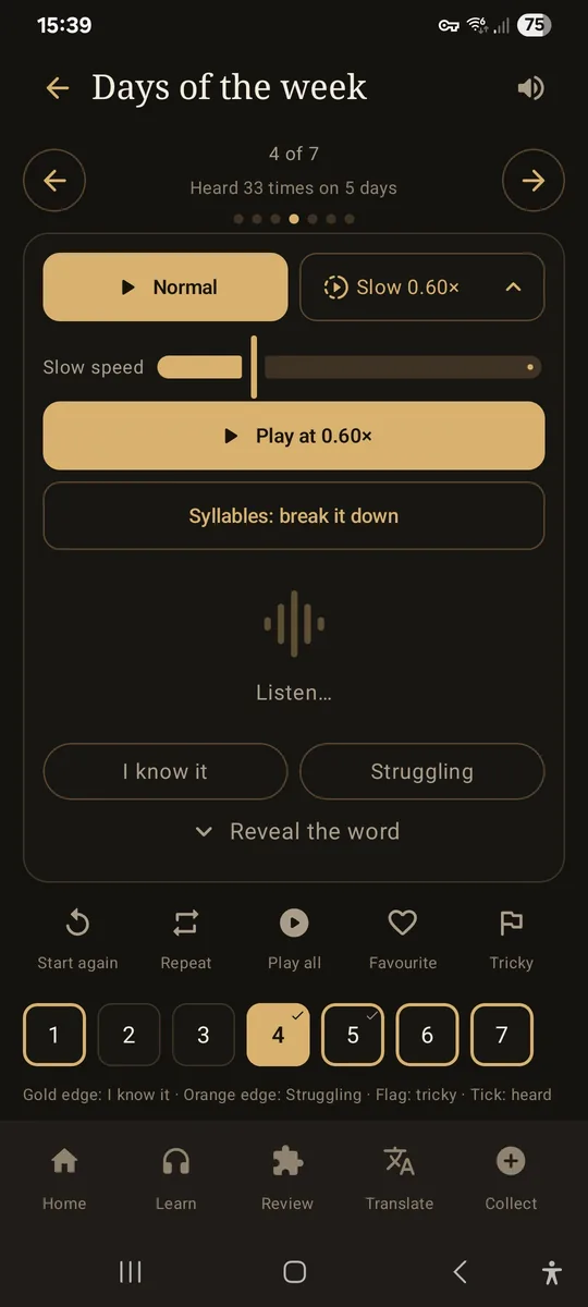 The Slow button opened into a speed slider set to 0.60×, with a Play at 0.60× button below