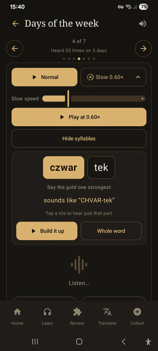Syllables for czwartek: two tiles, czwar in gold and tek, with Say the gold one strongest, sounds like CHVAR-tek, and Build it up and Whole word buttons