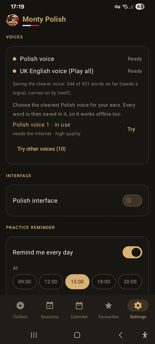 Settings: Polish voice and UK English voice both ready, the clearer voice saved for 344 of 421 words so far, Polish voice 1 in use with Try other voices (10), the Polish interface switch, and a daily practice reminder at 15:00