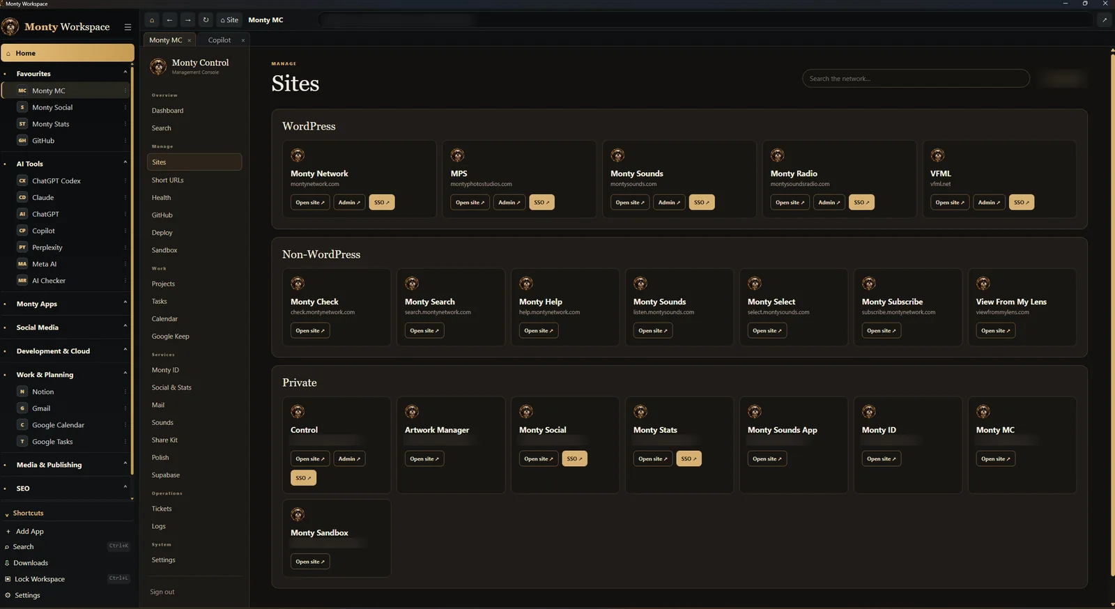 Monty Control's Sites page on the laptop, inside the Monty Workspace Windows app: WordPress, non-WordPress and private sites as cards, private addresses hidden